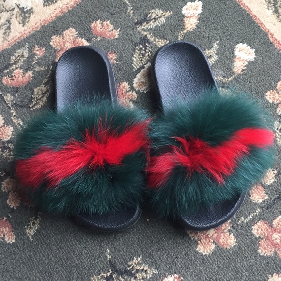 Fluffy fur slippers shoes slides red green 8 - Picture 1 of 5